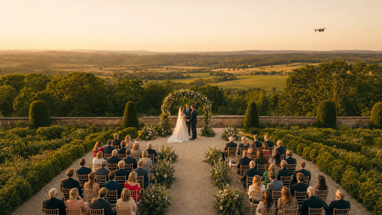 Aerial drone photograph of a wedding venue and celebration in Essex