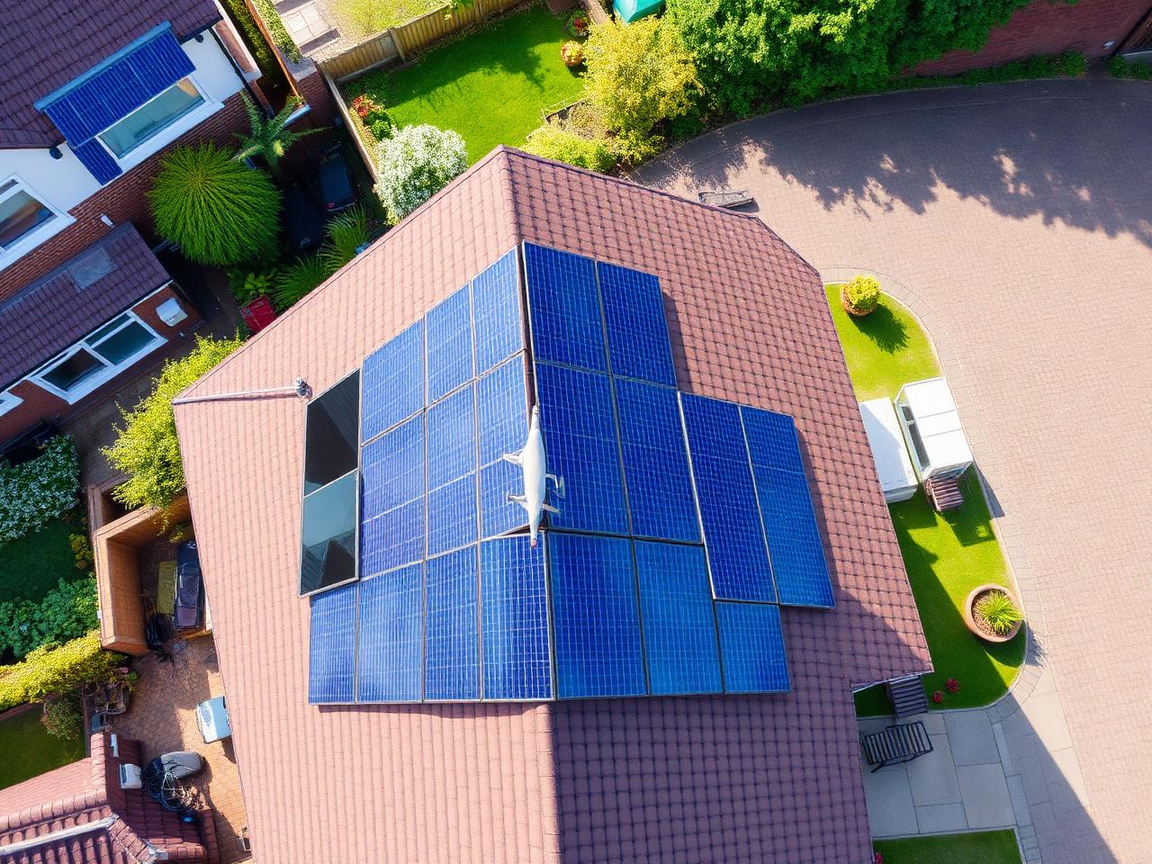 Aerial drone view of solar panels installed on a UK house roof